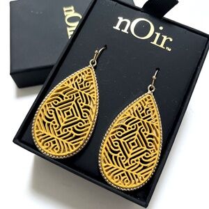 NIB NOIR Earrings Dangling Perforated Laser Cut Mustard Yellow Hook Teardrop